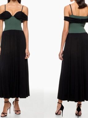 Simkhai Amarantha Black Green Off Shoulder Cocktail Maxi Dress Size L